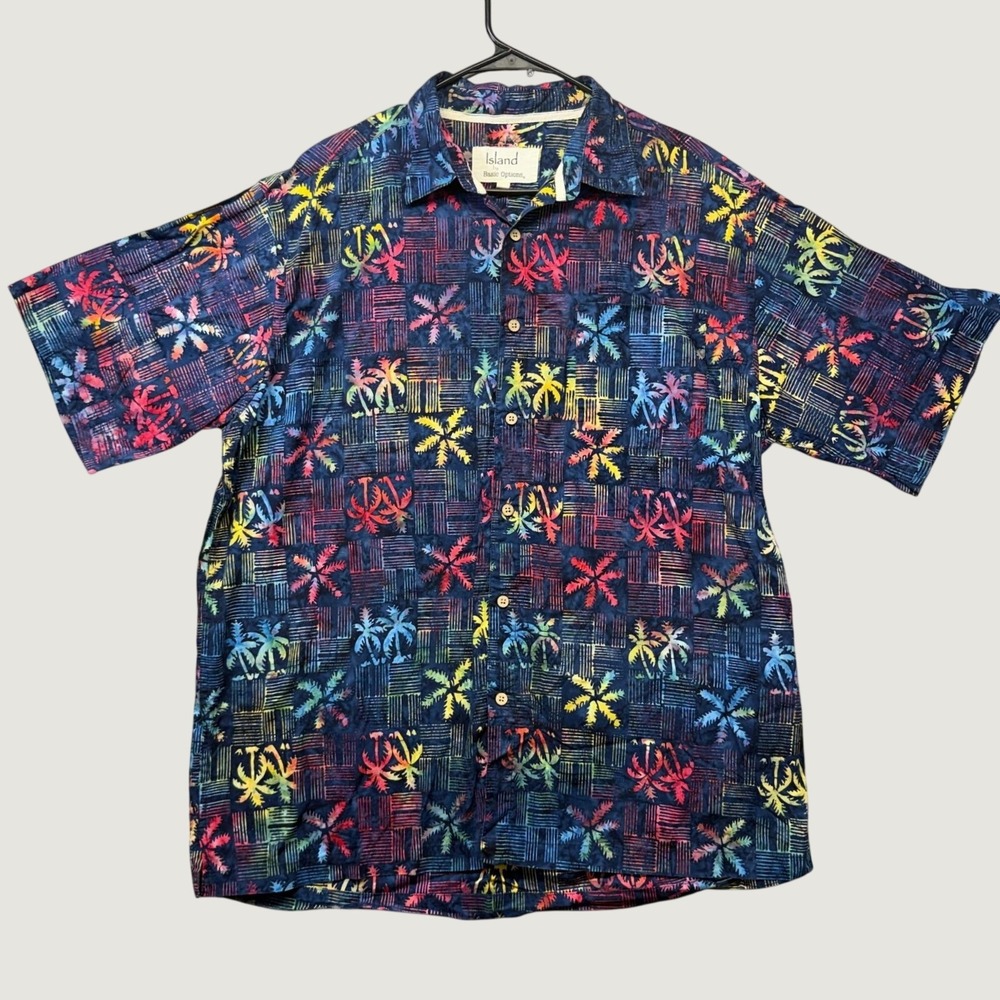 Mens XL Hawaiian Button Up Shirt Blue Palm Tree Cotton Vacation Coastal Dadcore